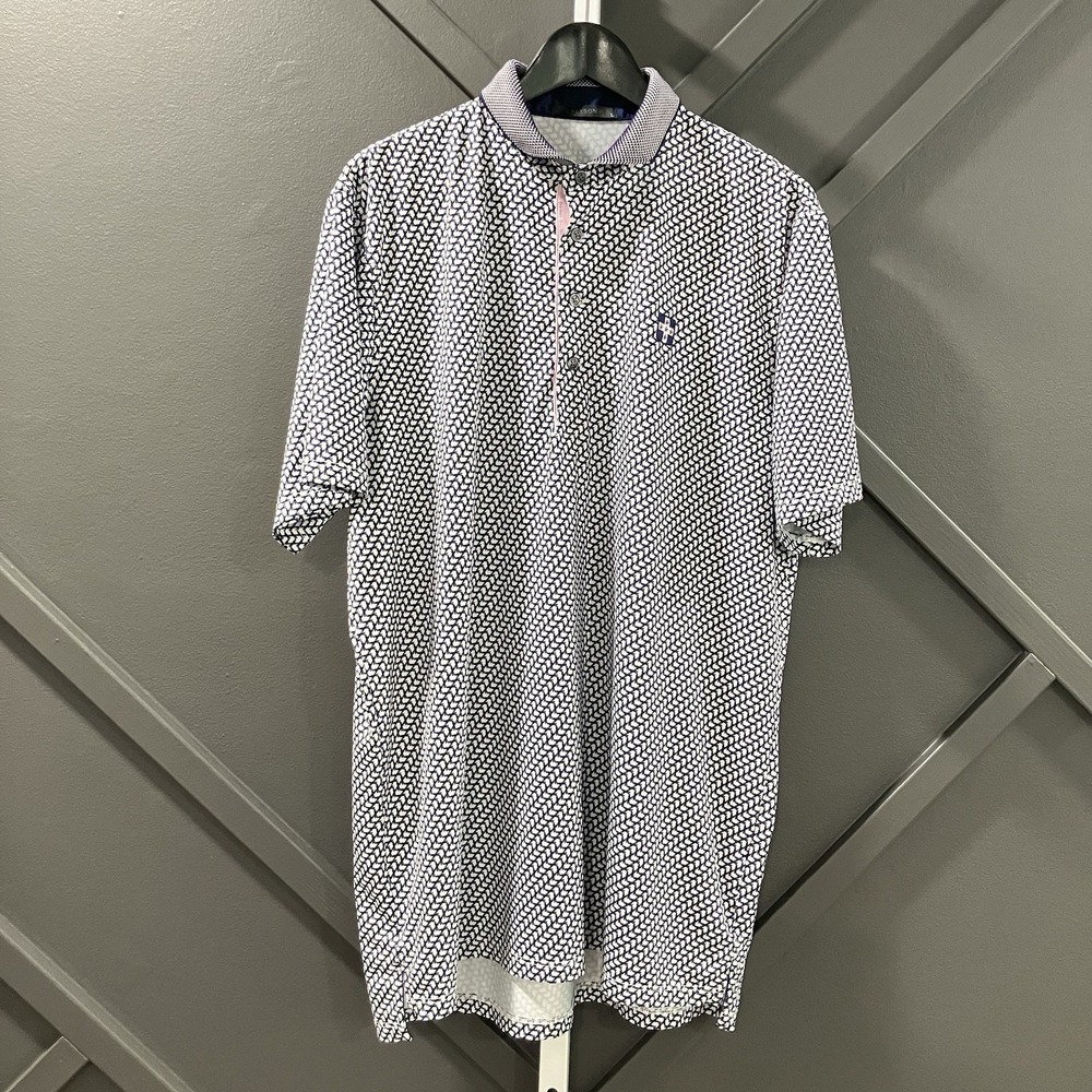Greyson Golf Polo Shirt Mens Large White Navy Geometric Stretch Performance